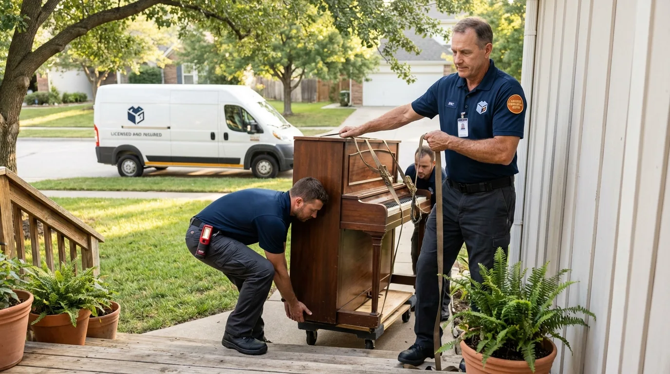 Licensed piano movers securing grand piano in Orange City, IA