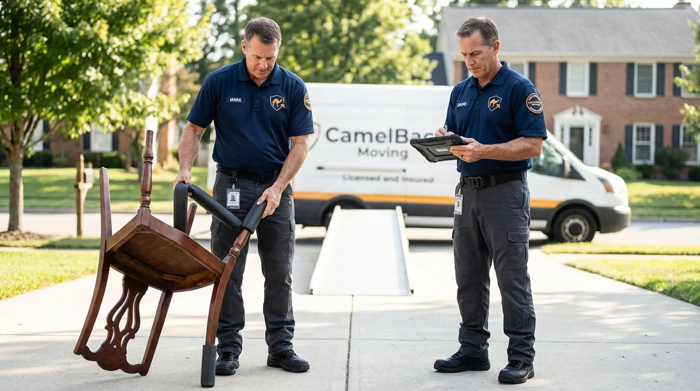 Movers inspecting furniture for damage prevention before loading in Orange City, IA