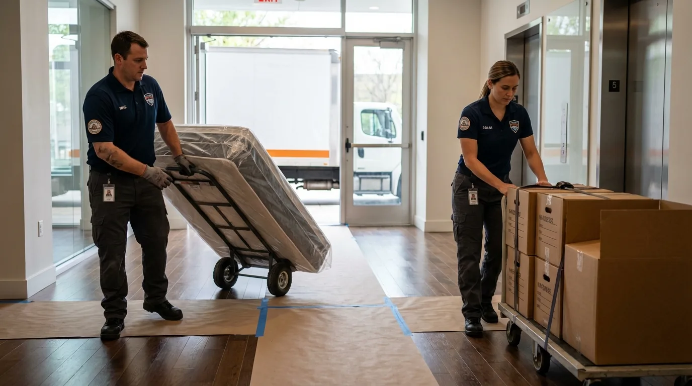 Professional apartment movers loading elevator in Orange City, IA