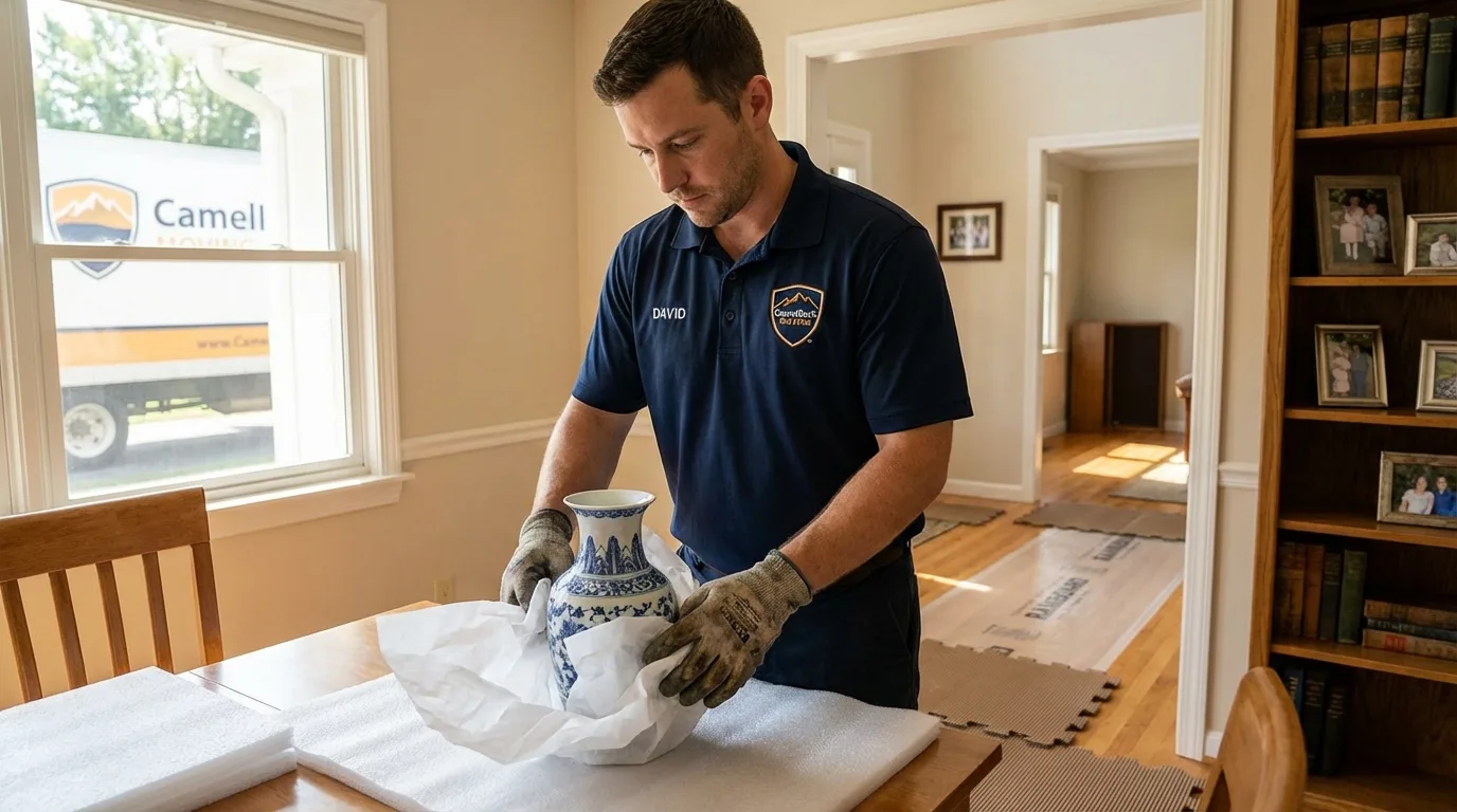 Professional crew carefully wrapping antique vase for senior downsizing move in Orange City, IA
